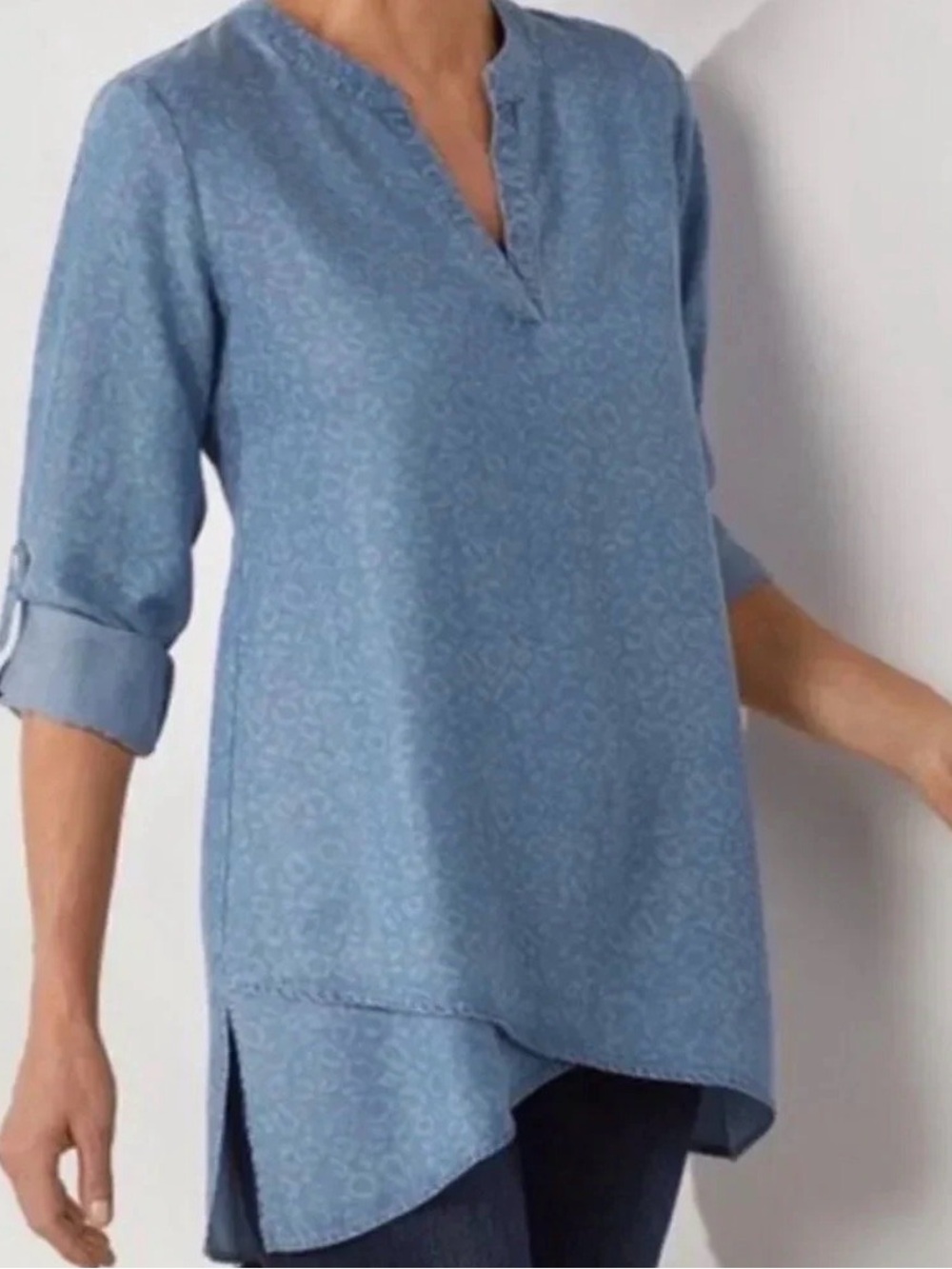 Soft Surroundings Chambray Denim Leopard Print Top Size XL